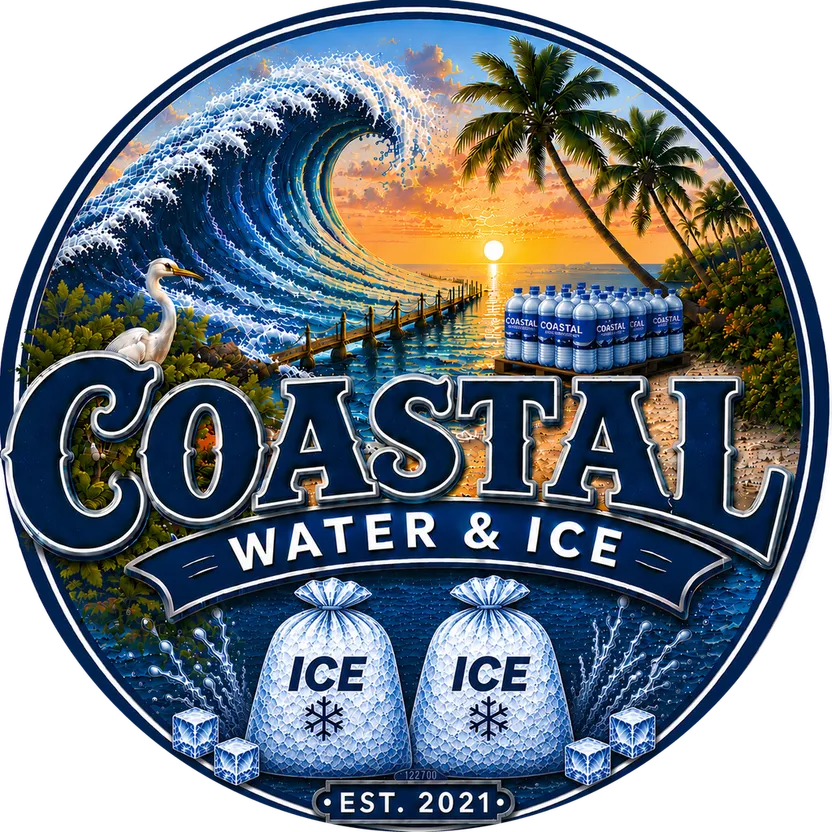 Coastal Water and Ice illustrated badge — wave, sunset, palms, bulk water and bagged ice. Click to request a quote.